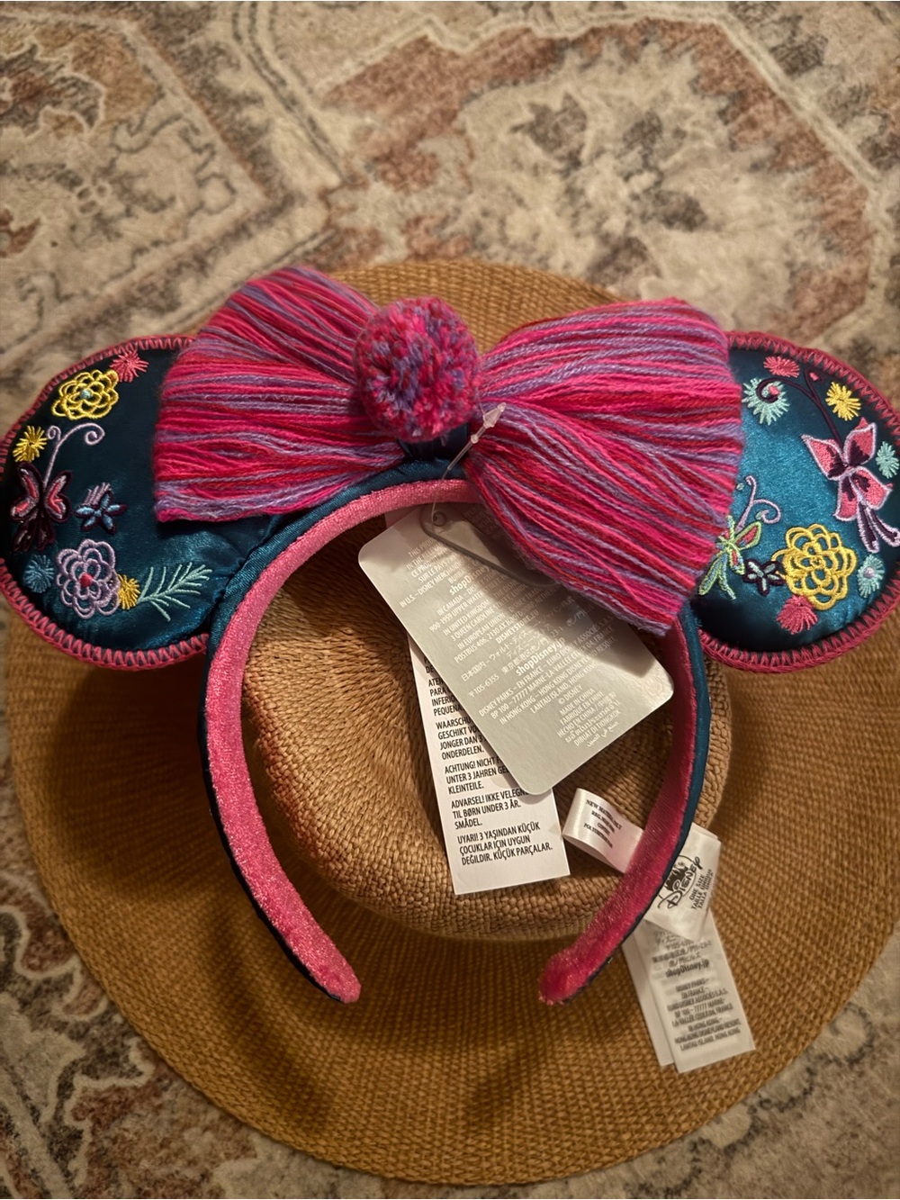 Disney Encanto Pink and Teal Embroidered Minnie Ear Headband with Striped Bow